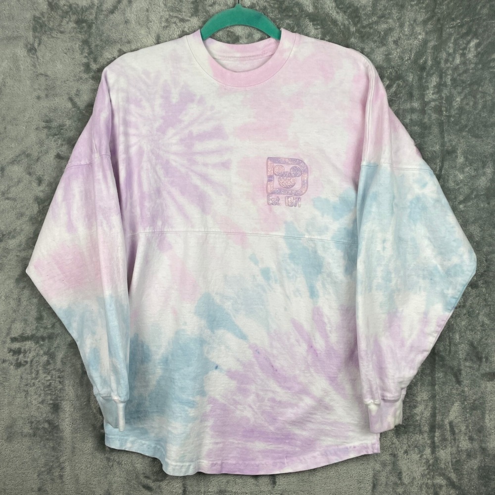 Walt Disney‎ World Spirit Jersey Sweatshirt XS Pink Tie Dye glitter puff letter